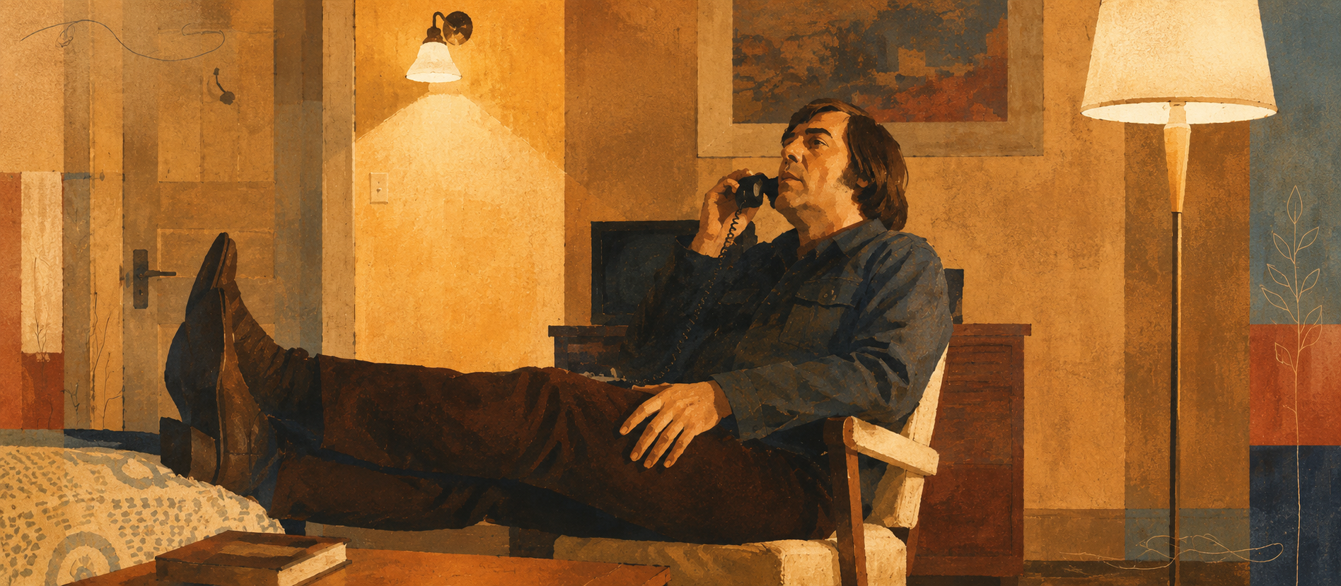 An illustrated man reclines in a motel room while speaking into a telephone under warm lamplight.